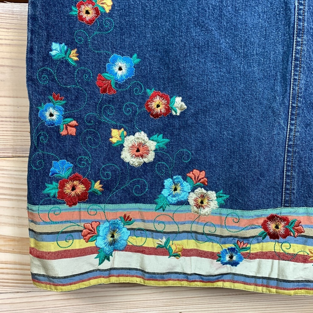 Vtg 90s August Max 1 Maxi Denim Skirt Embroidered Flowers Cottage Modest - Picture 2 of 13